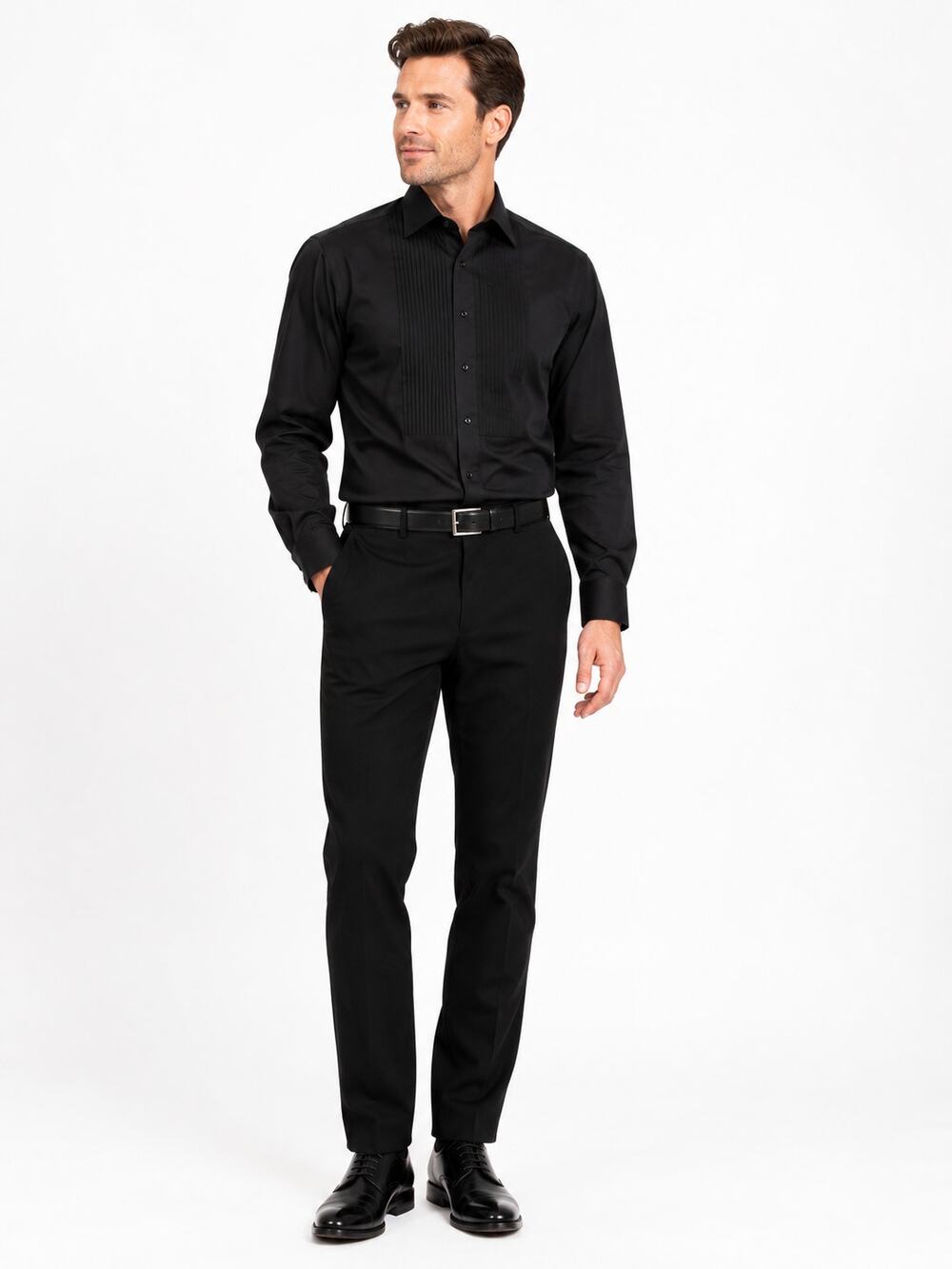 LR4503 Classic Black Tuxedo Dress Shirt Pleated Front Formal Long Sleeve Mens L